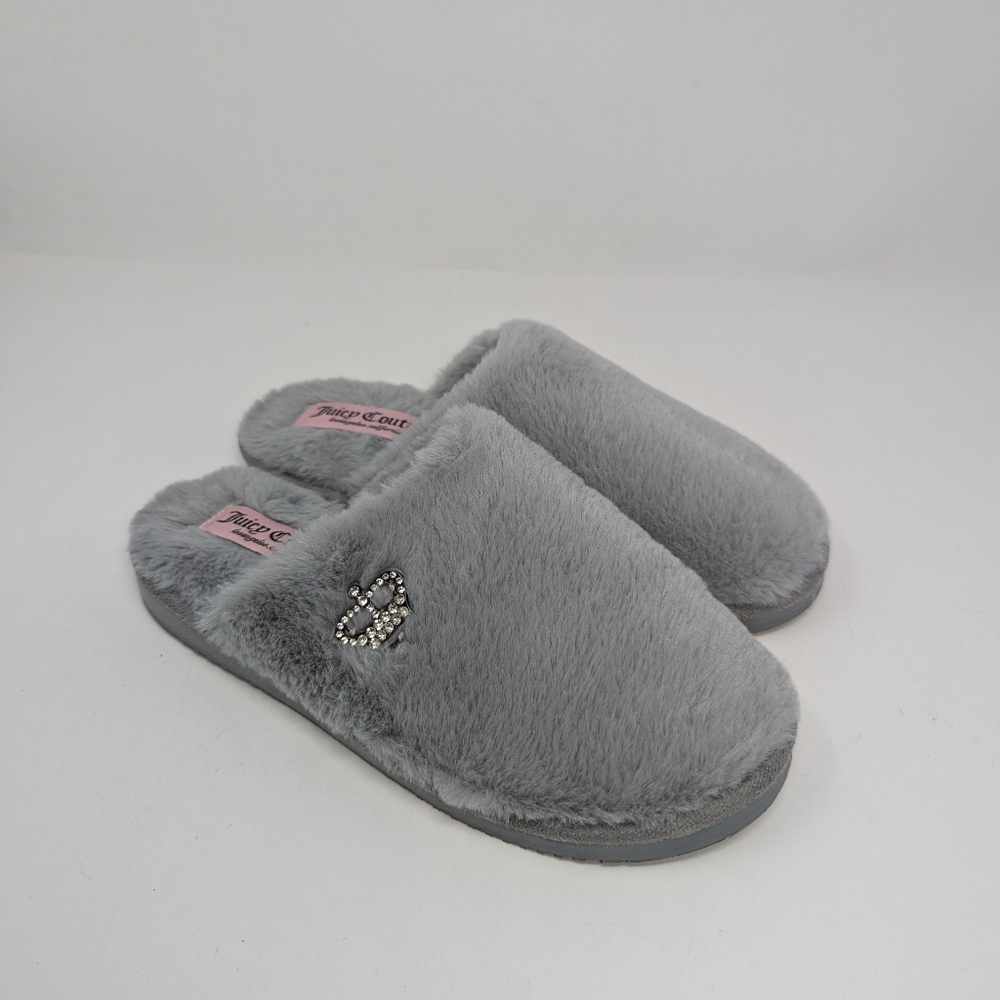 Juicy Couture Faux Fur Gray Slippers Rhinestone Crown Size M 7/8